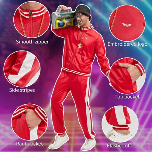 Vista 2 de Deaboat Chándal de los años 80 para hombre, traje retro rompevientos de los años 90 para hombre, ropa deportiva, hip hop, discoteca, disfraz