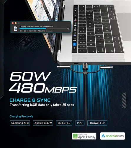 Vista 5 de Futurizta Tech Zeus-X - Cable múltiple universal 6 en 1 (6.6 pies/6.6 ft) de carga rápida de 60 W para portátil PD, QC3.0 y iPhone de 27 W, carga