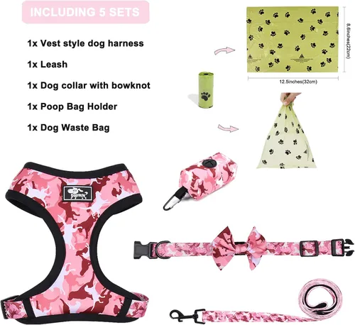 Vista 6 de Juego de arnés y correa para perros pequeños, ajustable, reflectante, sin tirones, chaleco para cachorro con collar de corbatín, correa y bolsa