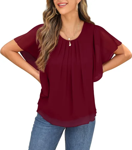 Vista 3 de QIXING Blusas de gasa con cuello redondo y cuello redondo de verano para mujer