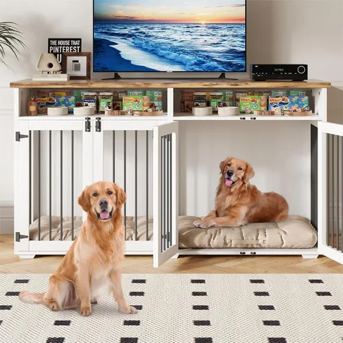 Vista 11 de Jaula para perros de 72 pulgadas para 2 perros, jaula de madera para perros con compartimento de almacenamiento, perrera de interior con 4 puertas