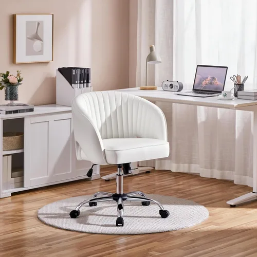 Vista 2 de Yaheetech Silla de Oficina para Casa, Silla de Escritorio de Cuero Sintético, Silla Giratoria Moderna con Respaldo Acolchado Tipo Barril, Ruedas