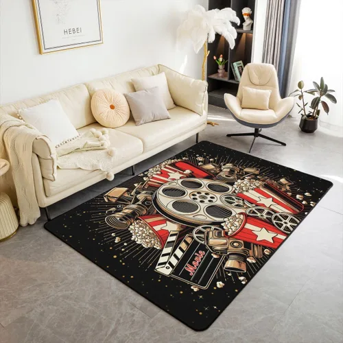 Vista 8 de Alfombra de área de película con letrero de neón de 3 x 5 pulgadas, alfombra vintage de entradas de cine para niños y adolescentes, alfombra