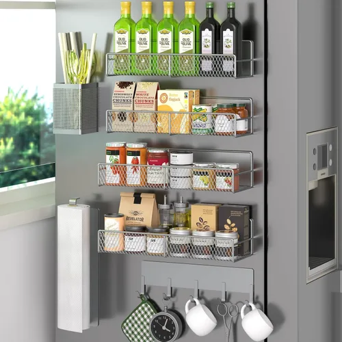 Vista 10 de Estante magnético para especias para refrigerador, paquete de 7 estantes magnéticos fuertes 100% de metal, organizador de especias con soporte