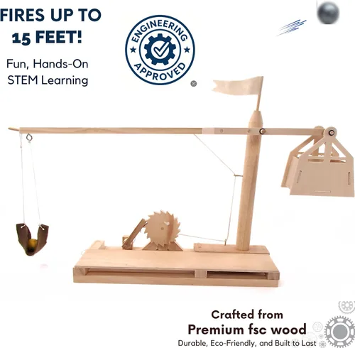 Vista 5 de PATHFINDERS Leonardo da Vinci Trebuchet STEM Kit - Construye tu propio motor de asedio medieval - Modelo educativo de madera para adolescentes