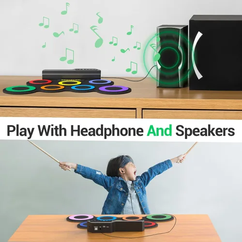 Vista 6 de Juego de batería eléctrica, 7 almohadillas electrónicas para niños con auriculares incluidos, almohadilla de práctica de tambor enrollable, gran 3-8