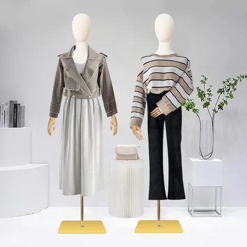 Vista 6 de Maniquí Cuerpo Vestido Femenino Forma Lino Tela Manikin Torso con Cabeza Desmontable Altura Ajustable Soporte de Metal, Dos Manos de Madera