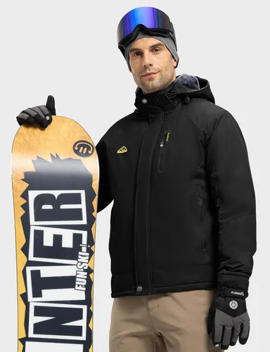 Vista 2 de Rdruko Chaqueta impermeable de esquí para hombre, abrigo de montaña con capucha de forro polar aislado de invierno, negro, XL