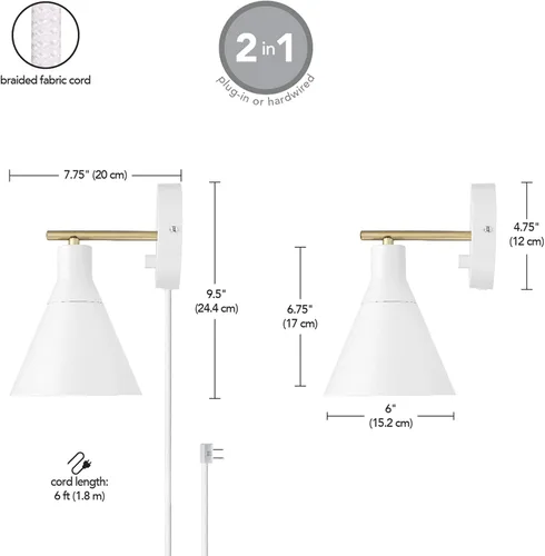 Vista 14 de Globe Electric 65542 - Candelabro de pared de 1 luz con enchufe o cableado, blanco mate, acento en latón, interruptor giratorio de atenuación sin