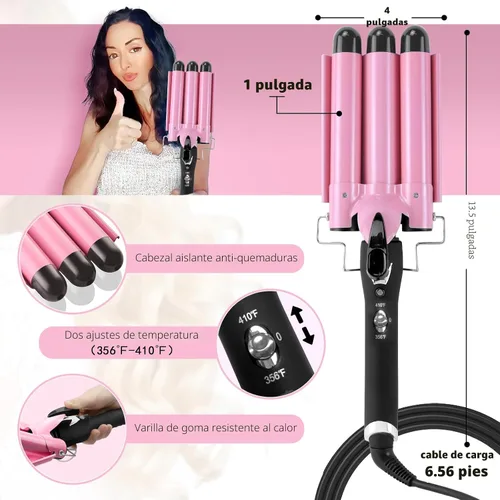 Vista 5 de Rizador de 3 barriles Aleath: Regalos de cumpleaños para mujeres, rizador de pelo de doble voltaje con temperatura ajustable, tres barriles