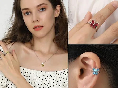 Vista 2 de Aretes de plata de ley con diseño de mariposa para mujeres y niñas, granate, amatista, azul, esmeralda, zafiro, rosa, mariposa, regalo de San