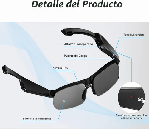 Vista 4 de Lentes inteligentes, lentes de sol polarizados Bluetooth con micrófono y altavoces integrados, oreja abierta, asistente de voz, protección UV