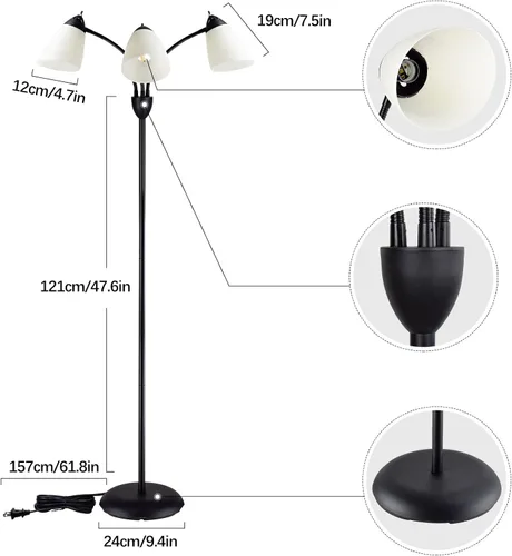 Vista 5 de DINGLILIGHTING DLLT - Lámpara de pie moderna para lectura, 3 luces con cuello de ganso flexible ajustable, lámpara de árbol de pie para sala