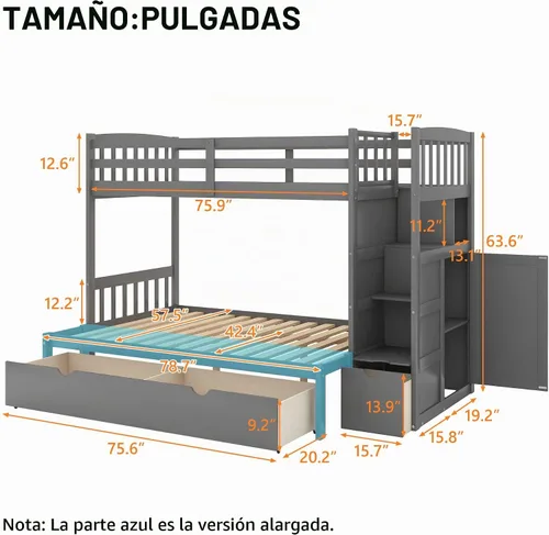 Vista 2 de Harper & Bright Designs - Litera con cama de tamaño individual sobre cama de tamaño matrimonial/individual, con 3 cajones, 4 espacios de Gris