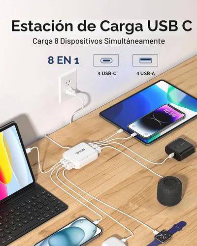 Vista 2 de Cargador USB C de 8 puertos, estación de carga rápida para múltiples dispositivos, concentrador de carga USB multipuerto para iPhone, Samsung