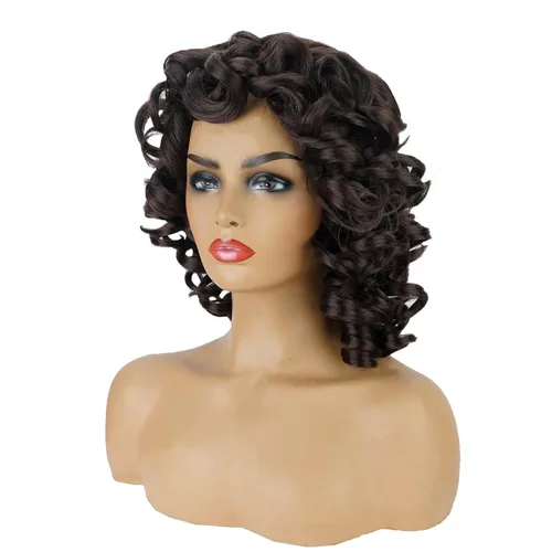 Vista 3 de andromeda Pelucas rizadas marrones para mujeres negras, peluca rizada afro suave con flequillo, suelta, bonita, rizada, resistente al calor, aspecto