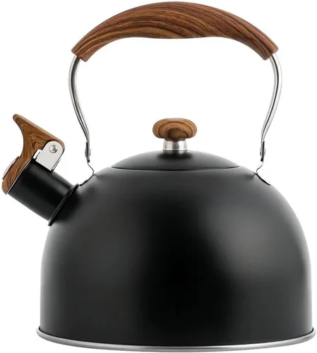 Vista 9 de Hervidor de té para estufa, 2.7 cuartos de galón, tetera con silbato floral Ollas de té de acero inoxidable con mango plegable de madera