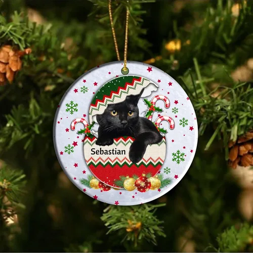 Vista 5 de Adorno colgante personalizado para decoración del árbol de Navidad de gato negro, adorno de bola de Navidad de gato negro, adorno de Navidad