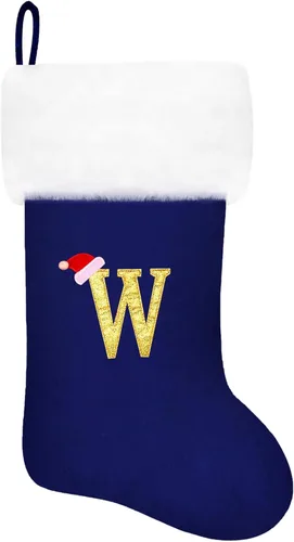 Vista 80 de Calcetines de Navidad bordados de 20 pulgadas con monograma, terciopelo negro con puño de felpa blanca supersuave, adornos clásicos para decoración