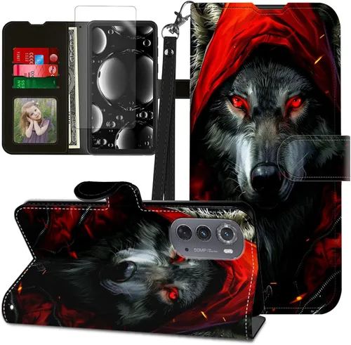 Vista 243 de Funda para Motorola Edge 2022 con protector de pantalla, soporte y tarjetero y correa para la muñeca, funda magnética para Moto Edge 2022 5G UW Lobo