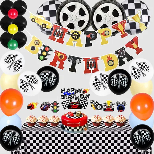 Vista 2 de Dos globos para decoración de fiesta de cumpleaños de autos de carreras rápidas, globos rojos y decoración de tartas, estrellas a cuadros negros