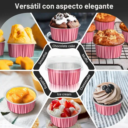 Vista 7 de EUSOAR Tazas de aluminio para hornear, paquete de 30 tazas de 5 onzas para cupcakes con tapas, moldes de pastel de 4.2 fl oz, flanes de postres
