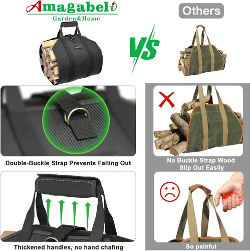 Vista 6 de Amagabeli - Bolsa de transporte de leña encerada, bolsa de transporte resistente para chimenea de leña grande con asas para camping, soporte