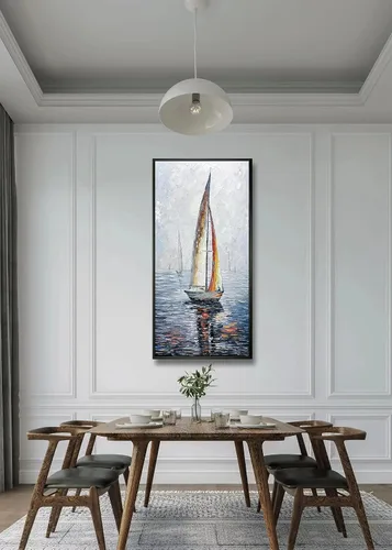 Vista 6 de V-inspire Arte, 24 x 48 pulgadas, moderno marco abstracto pintado a mano, pinturas al óleo, barco de vela en el mar, lienzo acrílico, pintura