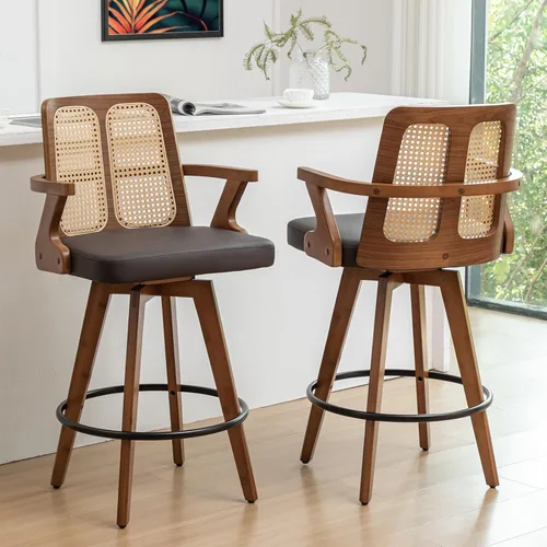 Vista 33 de Juego de 2 Taburetes de Mostrador - Taburetes Giratorios de 27 Pulgadas con Respaldo de Ratán, Brazos Curvos, Asiento Tapizado, Patas de Bambú Nogal