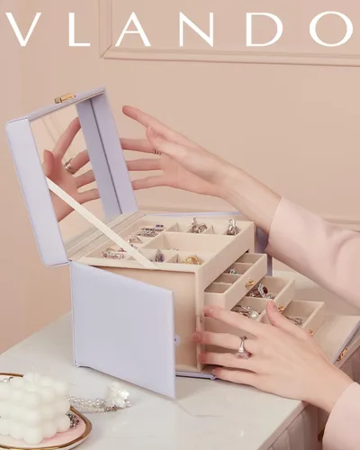 Vista 6 de Vlando Caja organizadora de joyas de terciopelo para mujer, caja de almacenamiento grande de joyería de cuero con cerradura, espejo, 3 cajones