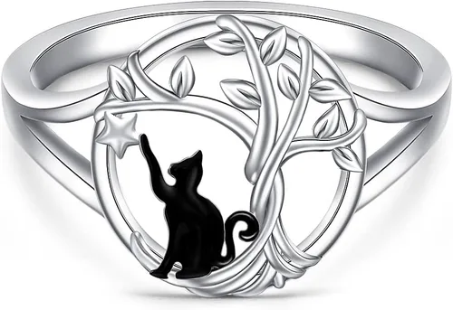 Vista 9 de Anillos de gato negro para mujer, diseño de árbol de la vida, joyería de Plateado