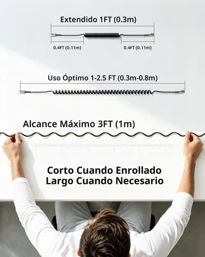 Vista 7 de Cable USB C en espiral, cable de coche USB C a USB C en ángulo recto corto Negro