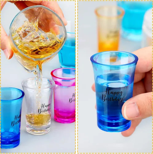 Vista 6 de Hosuly 24 vasos de chupito de feliz cumpleaños a granel de 1.2 onzas divertidas tazas de acrílico colorido para mujeres, hombres y adultos