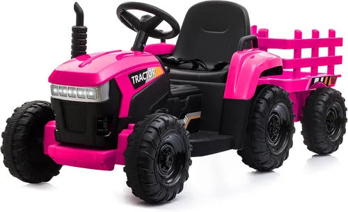 Vista 12 de TOBBI - Tractor de juguete a batería de 12 V con remolque color verde, rosado y rojo