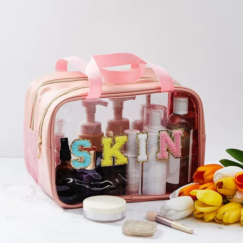 Vista 2 de Geetery Bolsa de maquillaje transparente de doble capa con parche de letras de chenilla, con asa práctica, organizador de cosméticos de nailon y PVC