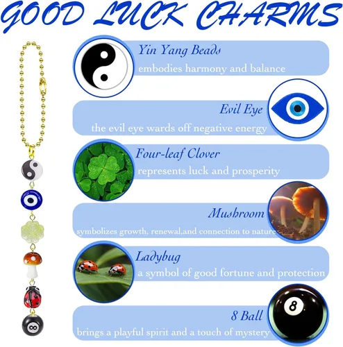 Vista 3 de Agromusk - Adorno colgante de coche con ojo malvado, amuleto de días de buena suerte para coche, colgante de 8 bolas con hongo y trébol de cuatro