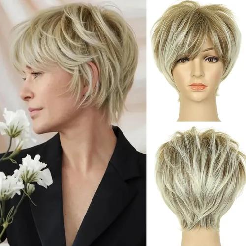 Vista 18 de Peluca sintética sin pegamento con capas Pixie corto para mujer, color negro, para uso diario, Cosplay