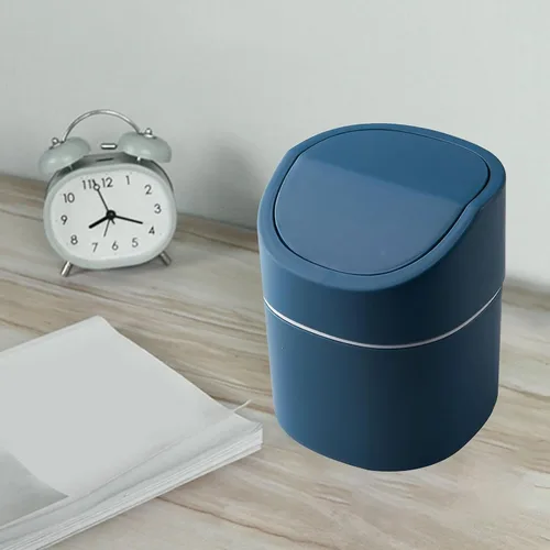 Vista 3 de Basurero de basura – Mini cubo de basura de plástico de escritorio con tapa giratoria, elegante cubo de basura para encimera, cesta de papel