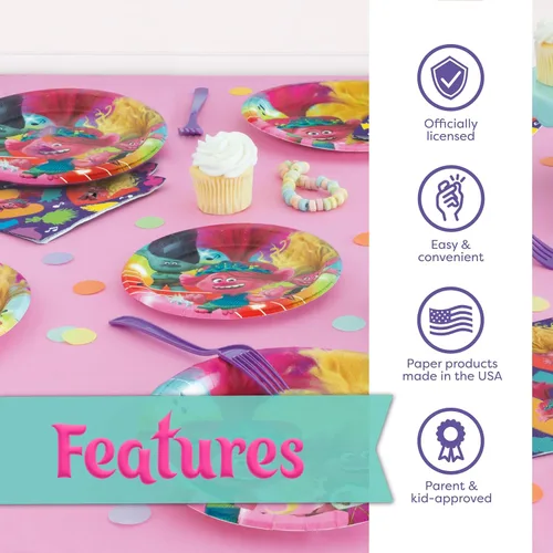 Vista 5 de Trolls - Decoraciones para fiestas de cumpleaños Sirve a 16 invitados Platos de trolls, servilletas, calcomanías
