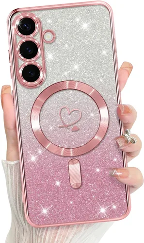 Vista 362 de Bonoma - Funda compatible con Samsung Galaxy S21 Plus, diseño de corazón con purpurina, color rosa Support for MagSafe, Plating Magnetic Case TPU