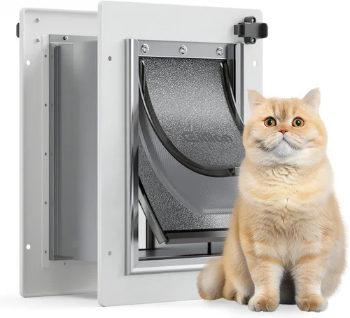 Vista 7 de Puerta para mascotas de 3 solapas para pared, puerta de perro para exterior, puerta grande para perros, marco de metal, panel de cierre de metal