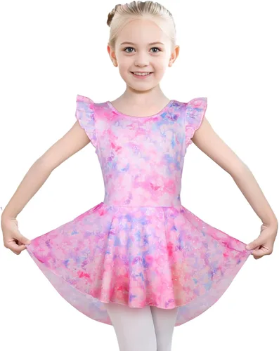 Vista 8 de iLover Vestido de leotardo clásico con tutú y mangas con volantes para niñas, para danza, gimnasia y ballet Negro