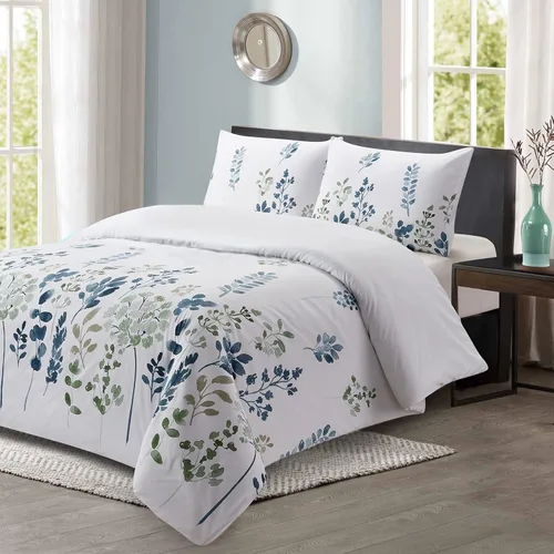 Vista 17 de Style Quarters Dahlia Lane - Juego de funda de edredón de 3 piezas, tallos florales multicolor con siluetas de hojas blancas, 100% algodón, lavable