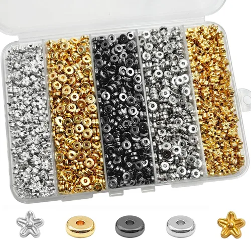 Vista 9 de 6 mm de cuentas espaciadoras planas redondas, 1480 piezas (280 redondas) - Oro, Plata, Negro - Plástico recubierto de cobre - Kit de fabricación