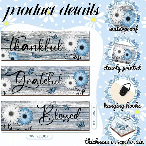 Vista 3 de Geetery 3 piezas de letreros de madera con texto «Thankful Grateful Blessed» con margaritas rústicas, decoración de pared de madera, letreros