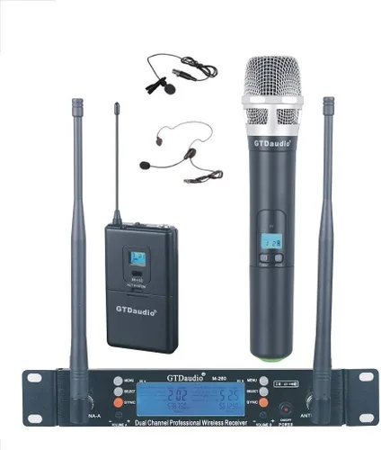 Vista 7 de GTDaudio 2x100 canales de frecuencia ajustables UHF inalámbrico Lav Micrófono de solapa DJ Karaoke Mic System 260L (2 micrófonos de solapa) Range