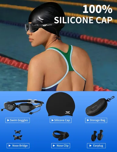 Vista 3 de Gafas de natación 7 en 1 + gorro de natación para hombres y mujeres, sin fugas, antivaho y UV, lente de PC con espejo HD de visión amplia