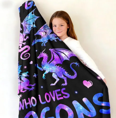 Vista 4 de Manta de dragón de franela suave, regalo para niñas y mujeres, manta de dragón para amantes de los dragones, regalos de cumpleaños, decoración