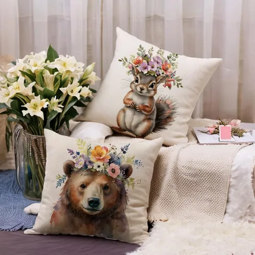 Vista 5 de Fundas de almohada con diseño de animales, 18 x 18 pulgadas, diseño de ardillas florales, acuarela, vida silvestre, diseño de flores, temporada