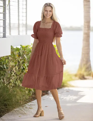 Vista 2 de MEROKEETY - Vestido de verano con lunares suizos para mujer vestido midi con cuello cuadrado, mangas abombadas, volados, lazo en la espalda